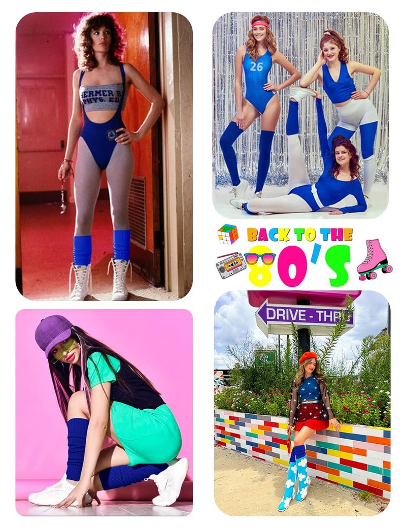 v28 Women Juniors 80s Eighty's Ribbed Leg Warmers for Party Sports (Blue) - Image 3